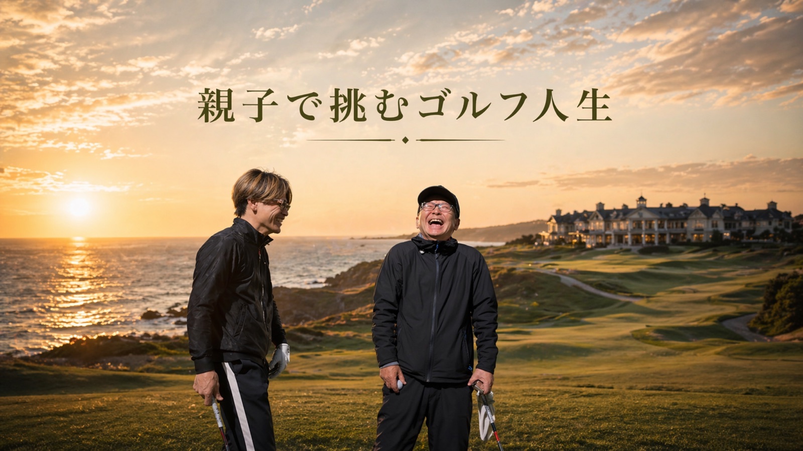 夕日の海沿いコースで笑い合う親子「親子で挑むゴルフ人生」